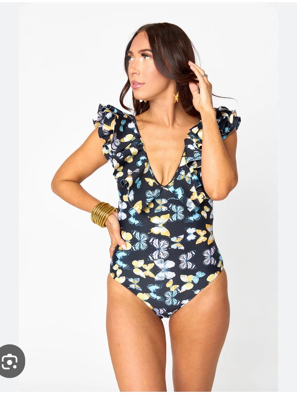 Buddy Love Black One-Piece Swimsuit with Yellow & Teal Butterfly Print